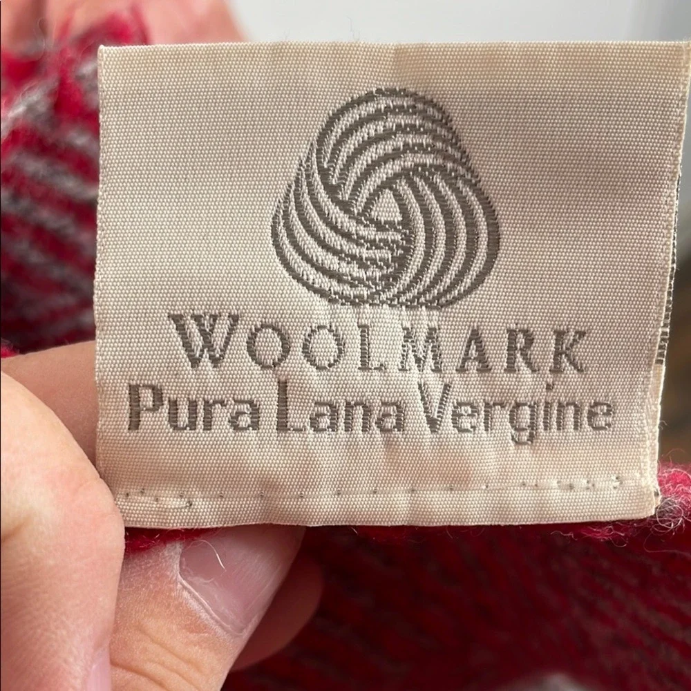 Woolmark Pure New Wool‎ Herringbone Throw Blanket Red Grey Fringe Made in Italy